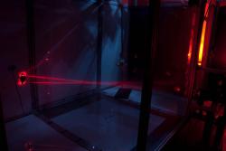 Laser trigger volume: Whenever a moth (or any other object) occludes both beams by flying through their intersection, events are triggered. Laser trigger volume: Whenever a moth (or any other object) occludes both beams by flying through their intersection, events are triggered.
